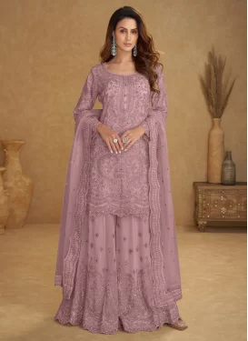 Net Palazzo Suit with Embroidered Work in Mauve for Festival