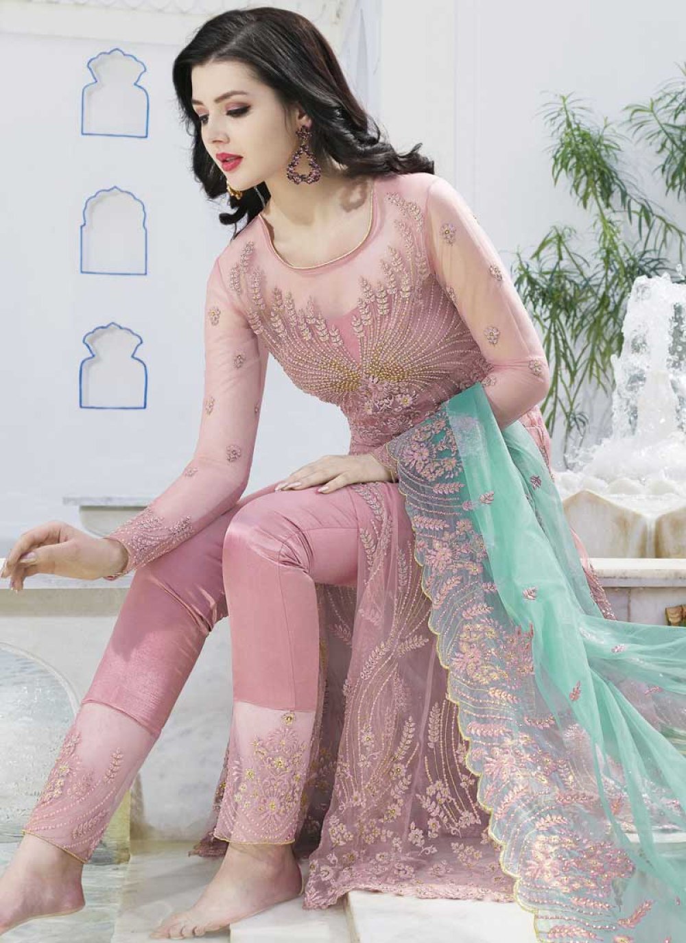 Short Kurta with Salwar Pants with Lace Applique Embroidery  Georgette   Ritu Beri