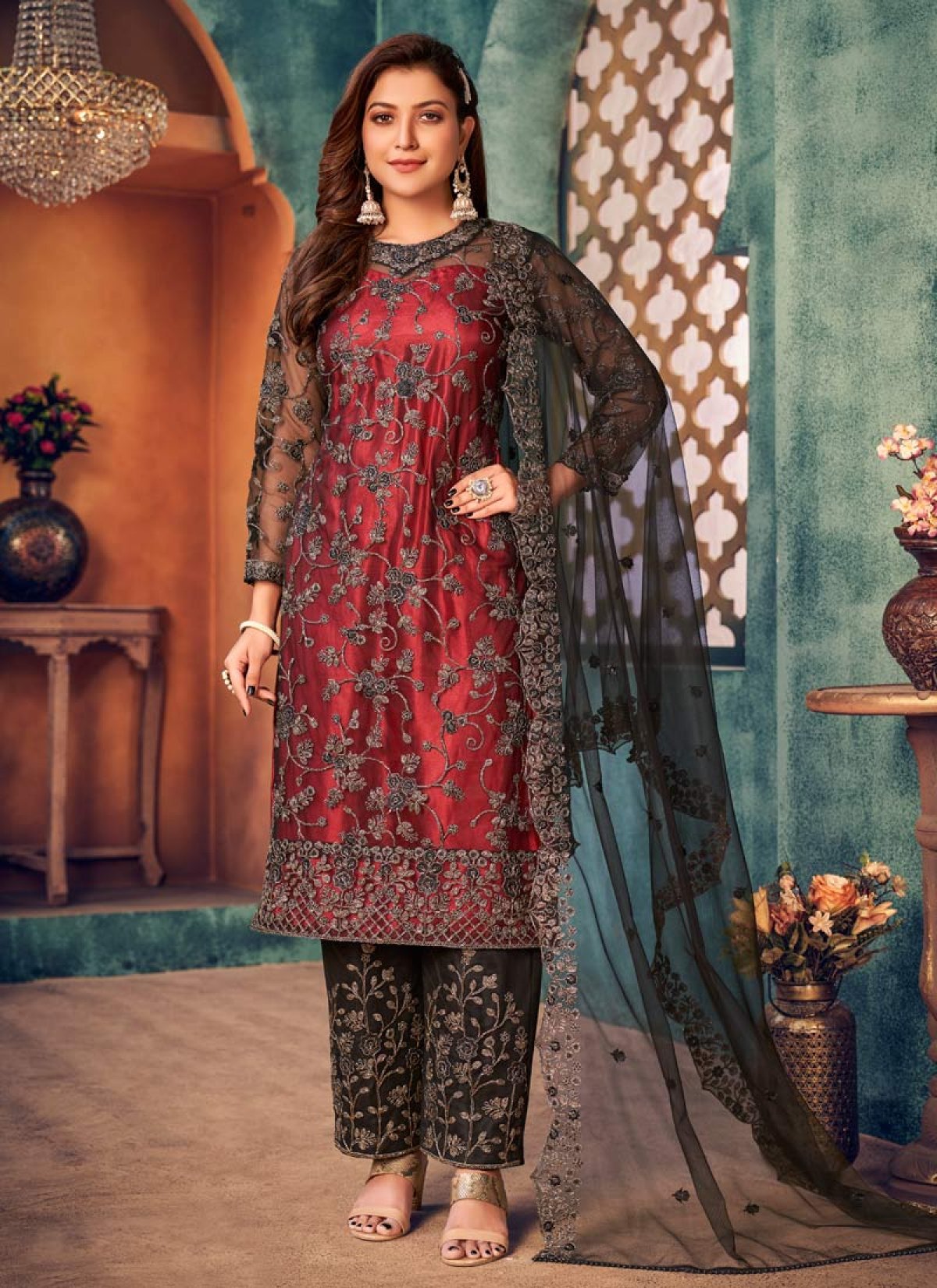 Buy Net Pant Style Designer Salwar Suit For Ceremonial Online