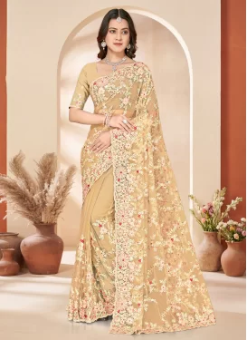 Net Traditional Saree in Beige with Embroidered Work for Festival
