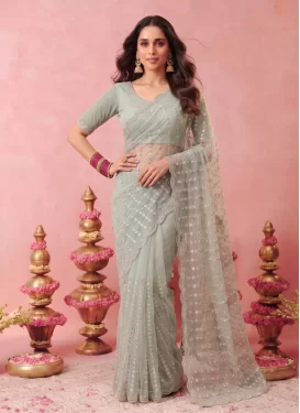 Net Traditional Saree in Turquoise with Embroidered Work for Ceremonial