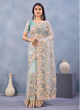 Net Traditional Saree with Embroidered Work for Festival in Turquoise