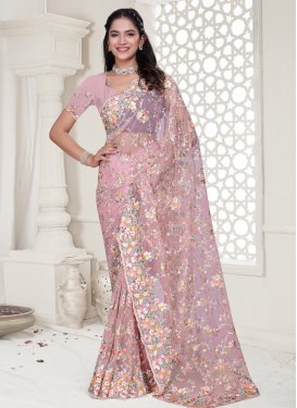 Net Traditional Saree with Embroidered Work for Women in Pink