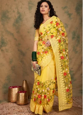Net Traditional Saree with Embroidered Work for Women in Yellow