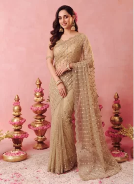Net Traditional Saree with Embroidered Work in Beige