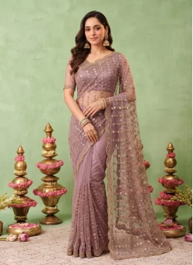 Net Traditional Saree with Embroidered Work in Mauve