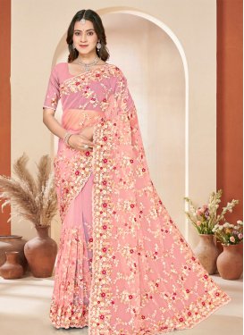 Net Traditional Saree with Embroidered Work in Salmon for Festival