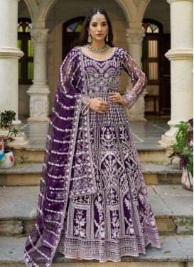 Net Trendy Gown with Embroidered Work for Party in Purple