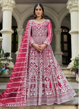 Net Trendy Gown with Embroidered Work in Rose Pink for Ceremonial