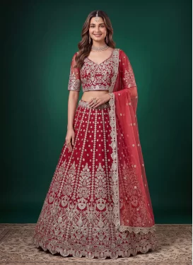 Net Trendy Lehenga Choli in Red with Embroidered Work for Women