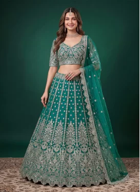 Net Trendy Lehenga Choli with Embroidered Work in Teal