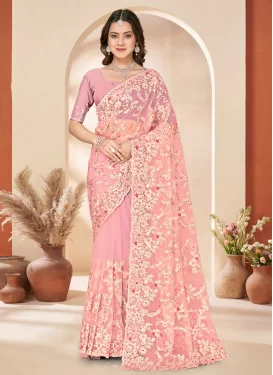 Net Trendy Saree with Embroidered Work for Ceremonial in Pink