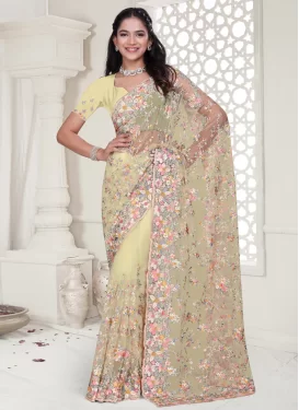 Net Trendy Saree with Embroidered Work for Festival in Yellow