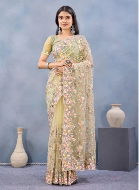 Net Trendy Saree with Embroidered Work for Festival in Yellow