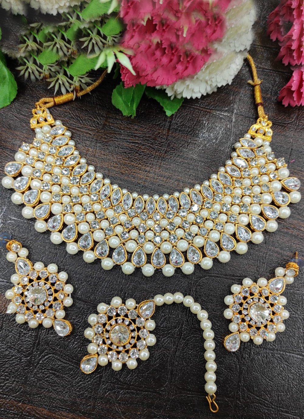 Nice Alloy Moti Work Off White and White Gold Rodium Polish Necklace Set