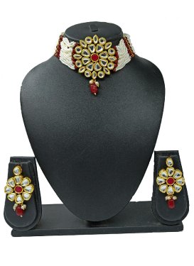 Nice Beads Work Maroon and Off White Necklace Set for Festival