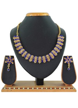 Nice Blue and Gold Gold Rodium Polish Beads Work Necklace Set