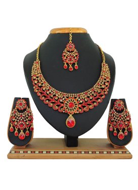 Nice Gold and Red Stone Work Necklace Set For Ceremonial
