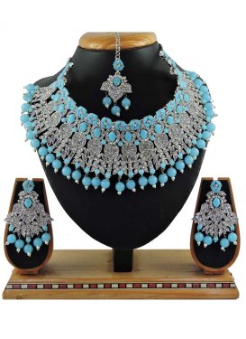 Nice Light Blue and White Silver Rodium Polish Beads Work Necklace Set