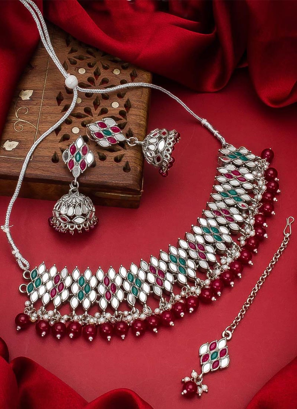 Nice Silver Rodium Polish Moti Work Oxidized Necklace Set