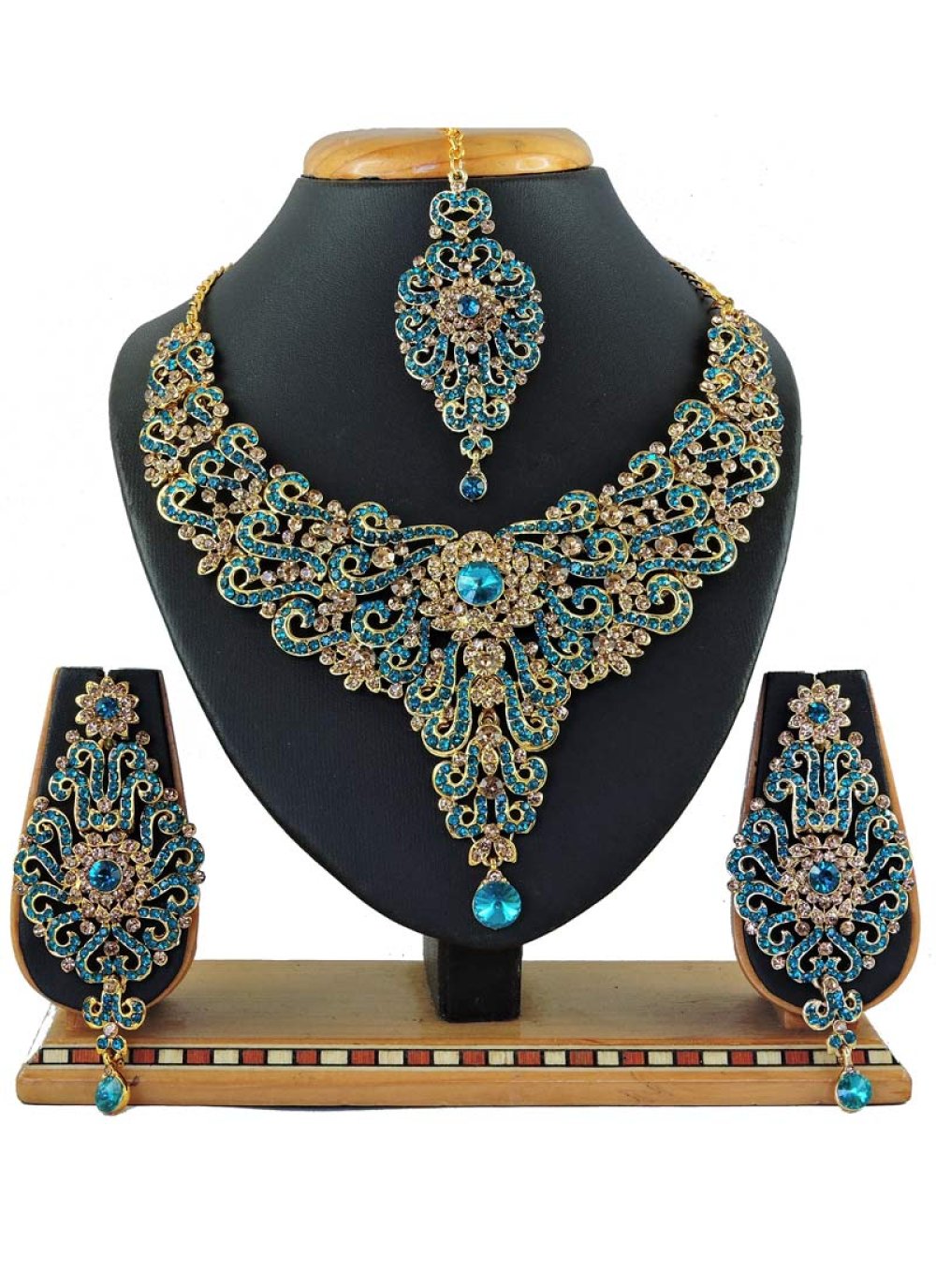 Nice Stone Work Gold and Teal Necklace Set for Bridal