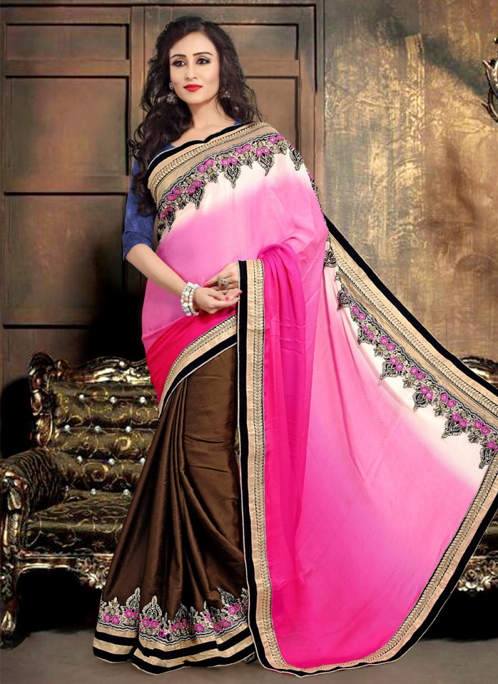 Shop Pink Satin Crepe Digital Printed Saree Party Wear Online at Best Price  | Cbazaar