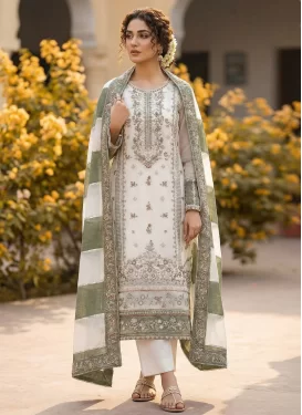 Off White and Olive Organza Embroidered Work Pakistani Suit for Women