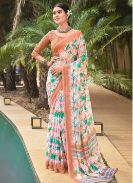 Off White and Peach Traditional Designer Saree For Casual