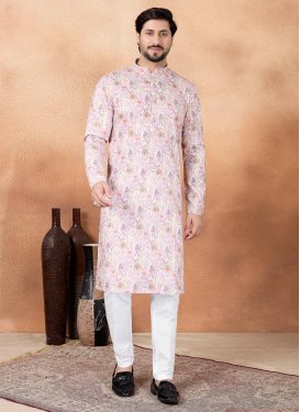 Off White and Pink Art Silk Kurta Pajama with Digital Print Work for Festival