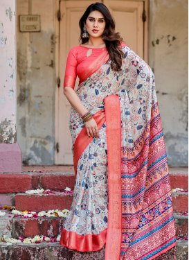 Off White and Pink Print Work Designer Contemporary Style Saree