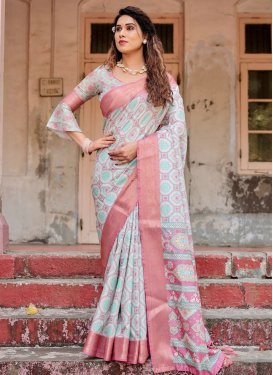 Off White and Pink Print Work Trendy Classic Saree