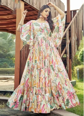 Off White and Pink Rayon Designer Gown with Digital Print Work for Ceremonial