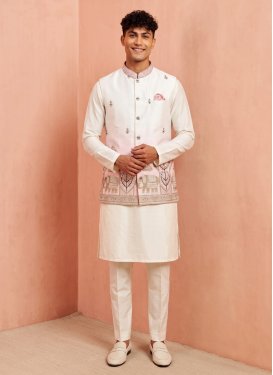 Off White and Pink Satin Silk Embroidered Work Kurta Pajama With Jacket for Men