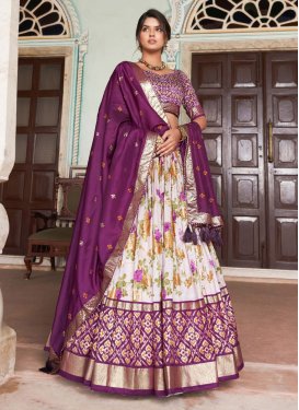 Off White and Purple Tussar Silk Designer A Line Lehenga Choli
