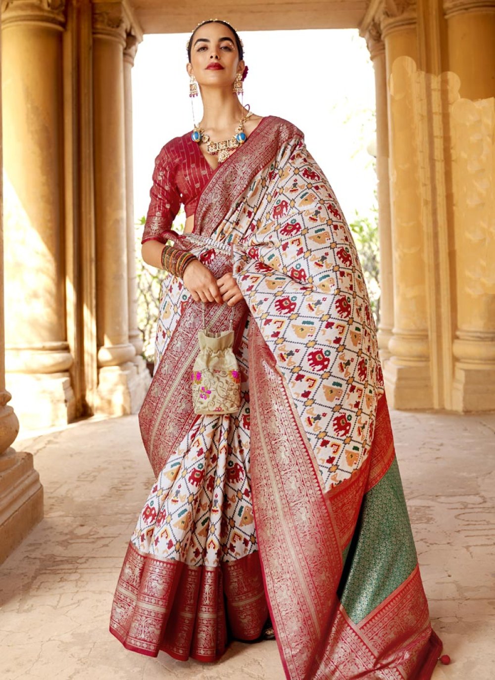 Off White and Red Designer Contemporary Style Saree