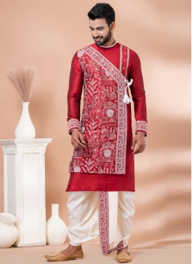 Off White and Red Viscose Embroidered Work Dhoti Kurta for Men