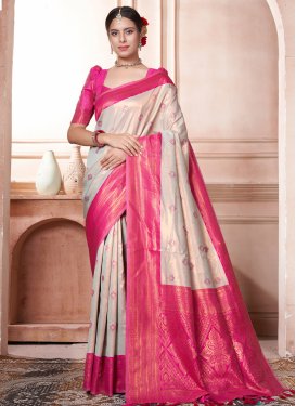 Off White and Rose Pink Kanjivaram Silk Designer Traditional Saree