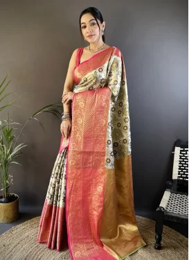 Off White and Rose Pink Kanjivaram Silk Traditional Saree with Woven Work for Festival