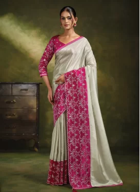 Off White and Rose Pink Organza Trendy Saree with Embroidered Work for Ceremonial