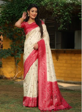 Off White and Rose Pink Traditional Designer Saree For Ceremonial