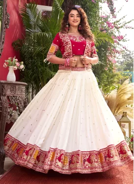 Off White and Rose Pink Vichitra Silk Embroidered Work Readymade Lehenga Choli for Women