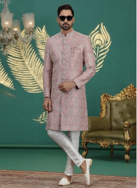 Off White and Salmon Art Silk Wedding Sherwani with Embroidered Work for Ceremonial