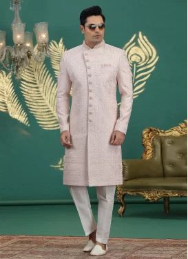 Off White and Salmon Banarasi Silk Wedding Sherwani with Embroidered Work for Ceremonial