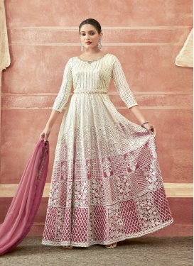 Off White and Salmon Readymade Anarkali Salwar Suit