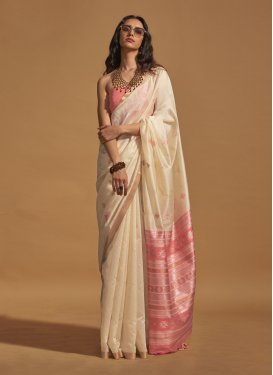 Off White and Salmon Woven Work Designer Traditional Saree