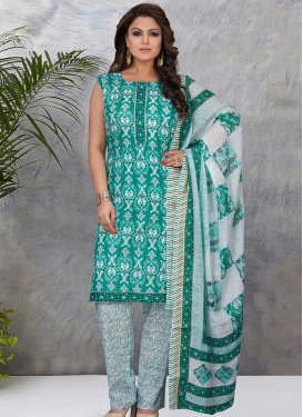 Off White and Sea Green Cotton Readymade Designer Salwar Suit