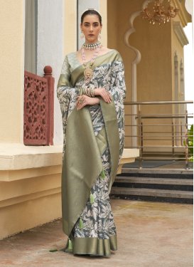 Off White and Sea Green Silk Blend Trendy Classic Saree