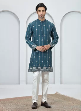 Off White and Teal Art Silk Kurta Pajama with Embroidered Work for Festival