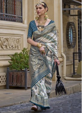 Off White and Teal Silk Blend Designer Contemporary Style Saree