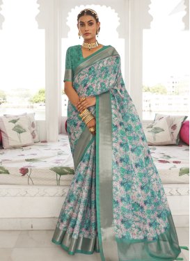 Off White and Turquoise Block Print Work Trendy Classic Saree